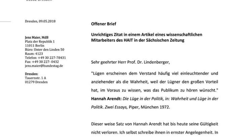 Jens Maier, MdB: Offener Brief an das Hannah-Arendt-Institut für Totalitarismusforschung